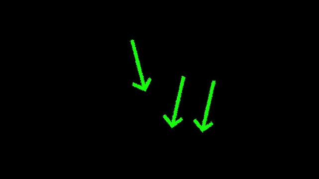 Set of animated white arrow overlays including hand-drawn chalk doodles and dashed directional pointers on black background.4k motion graphics video animation