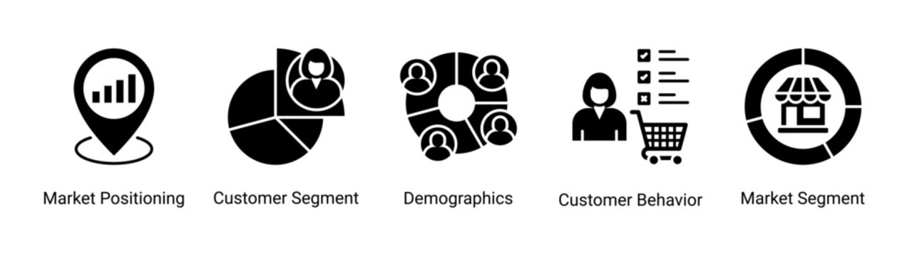 Market Insights icon set featuring customer segmentation,consumer behavior,target audience analysis,and market positioning concepts.