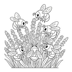 Fototapeta premium Cartoon Bees Collecting Nectar From Flowers in Black and White Line Art Style