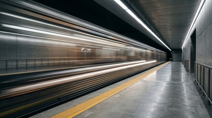 Fototapeta premium Long exposure shot capturing motion of a train speeding through a modern subway station.
