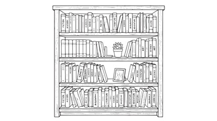 Hand drawn bookshelf vector illustration, vintage library bookcase with books and potted plant, rustic wooden shelves sketch for home decor © Muhammad