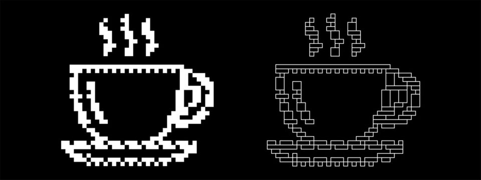Pixel art of two steaming coffee cups in white