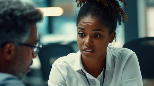 A woman wearing a suit and tie engaged in a discussion during a business meeting.
