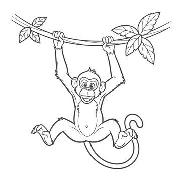 Monkey Hanging From a Tree Branch With Leaves