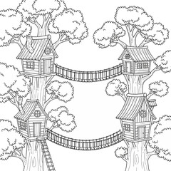 Fototapeta premium Treehouse Village With Bridges Connecting Rooftops Amongst Leafy Trees