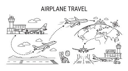 Obraz premium Airplane travel doodle set with airport terminal and flight route, hand drawn aviation icons on white background, commercial airline transport vector