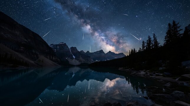 Milky Way, night sky, starry landscape, mountain lake