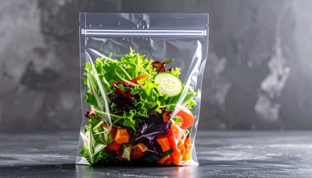 Fresh mixed salad greens and chopped vegetables in clear plastic zip lock storage bag on dark slate kitchen table