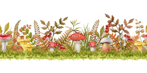 Autumn seamless border with forest mushrooms, berries and fall foliage isolated on background. Watercolor illustration perfect for cards, invitations, seasonal branding, packaging and stationery © anitapol
