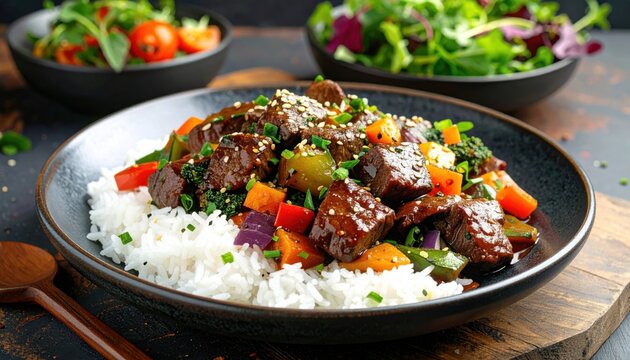 Healthy beef and vegetable stir fry served over steamed white rice in a black bowl