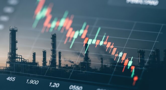 Oil industry stock market trading chart with declining trends overlayed on industrial refinery silhouette at dusk