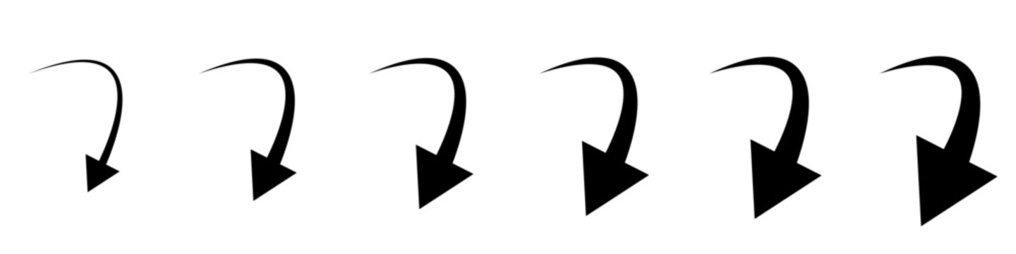 A set of six black curved arrows pointing down. Minimalist vector illustration for indicating descent, fall, or moving to the bottom of a page.