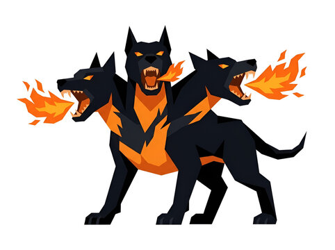 Powerful three headed dog breathing fire monster vector
