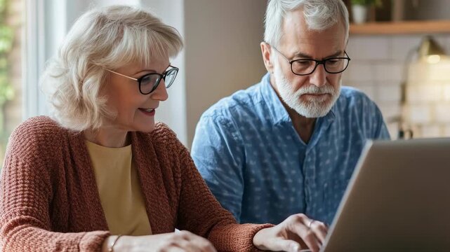 This features an elderly man and woman working together at a laptop, suggesting collaboration, technology usage, or perhaps digital literacy training.