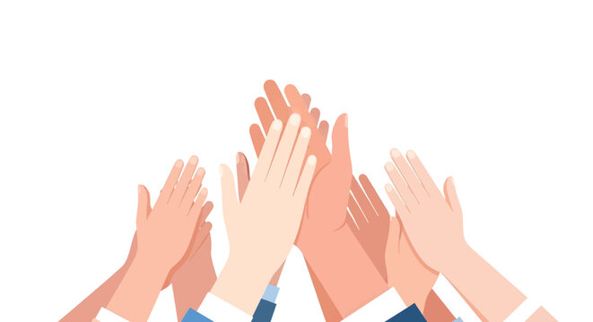A group of diverse hands reaching up in celebration or teamwork, symbolizing unity and success.