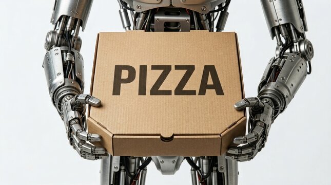 A robot with mechanical arms holds a cardboard pizza box, implying future technology in delivery services.