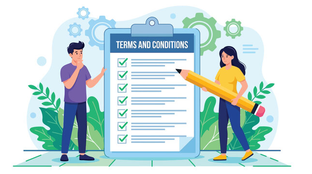 Professional vector illustration of people reviewing legal terms and conditions on a large clipboard checklist document