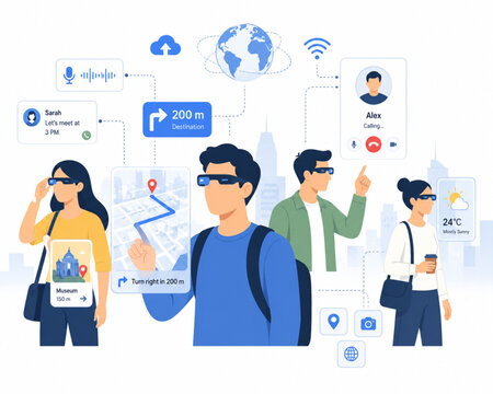 Augmented Reality Smart Glasses for Navigation and Communication Modern Flat Vector Illustration