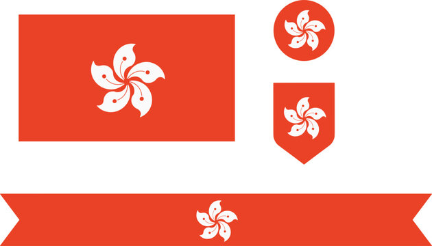 Hong Kong Flag Vector Icon Set with Five Petaled Bauhinia Blakeana Orchid Tree Flower Symbol Featuring Rectangle Round Button Shield and Ribbon Elements