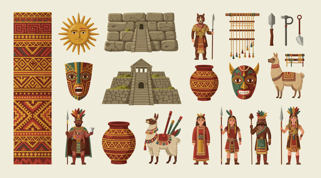 Inca Civilization Elements: Sun, Llama, Mask, Pottery, Architecture