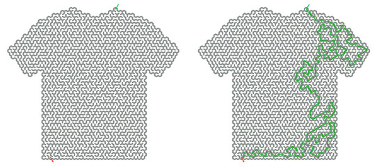 Vector maze puzzle depicting t-shirt design with travel theme and solution   © Vera Kokorina