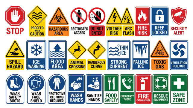 Industrial safety signs collection, 27 warning and mandatory icons vector set, occupational health and hazard labels for workplace security and emergency