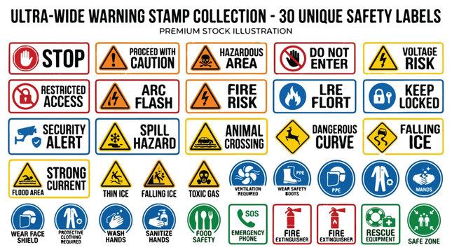 Ultra-wide warning stamp collection, 30 unique safety labels and industrial caution signs, professional hazard alert vector icons for workplace security