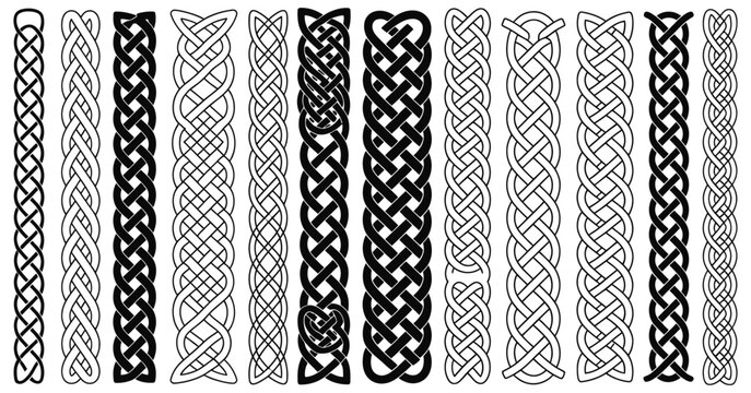 Celtic braids patterns featuring braided Irish seamless borders, knotted ornaments, and woven decorative elements for traditional vector design
