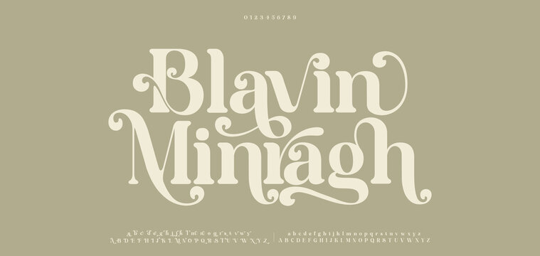 Blavin Minragh Elegant luxury modern beauty logo alphabet font. Typography beautiful fashion classic letters serif italic fonts decorative wedding vintage logos. vector illustration