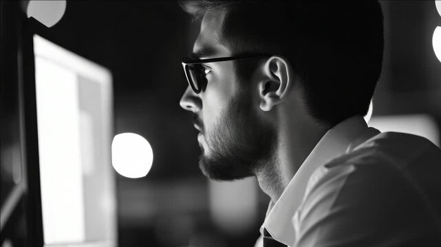 Man with beard and sunglasses wearing suit looking at computer screen in dark room