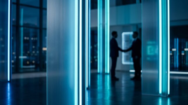 Two professionals shake hands in a futuristic office with neon lights, suggesting a business deal.