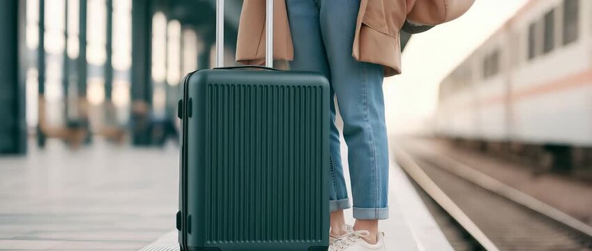 A traveler pulling a rolling suitcase while waiting beside a passenger train at a railway station, concepts of travel, commuting, business trips, tourism
