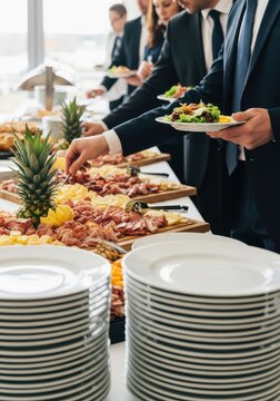 Business Professionals Enjoying a Gourmet Buffet Catering Service at a Corporate Event or Conference