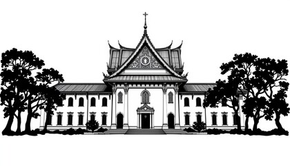 Naklejka premium The image features a large, ornate building with traditional architectural elements, including a prominent, intricately detailed roof with upward curving eaves and decorative finials