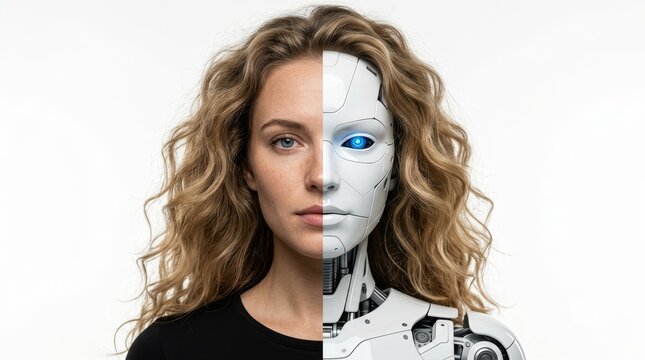 Half human, half robot face depicting the fusion of technology and humanity. Neutral background.