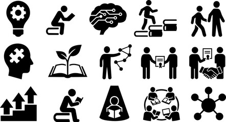 Obraz premium Knowledge and Learning Concept Silhouette Icon Set with Mentoring, Personal Growth and Education Symbols