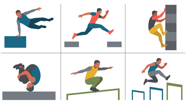 Color parkour athletes performing acrobatic jumps and climbs.