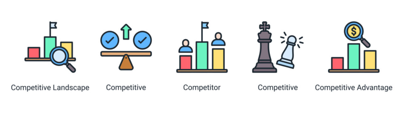 Competitive Strategy icon set featuring competitor analysis,market rivalry,competitive positioning,and strategic advantage concepts.