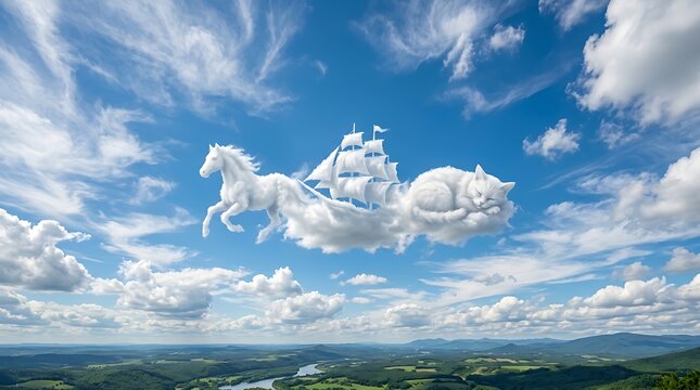 Whimsical clouds shaped like a horse pulling a ship with a cat