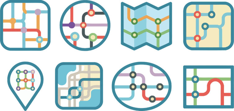 Colorful transit map icons in flat vector style featuring metro lines, bus stops, transportation routes, and urban navigation symbols