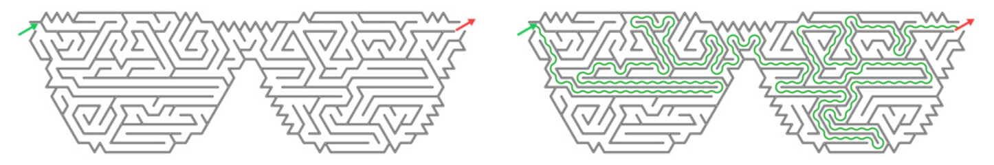 A vector maze puzzle in the shape of sunglasses with a travel theme and the solution   © Vera Kokorina