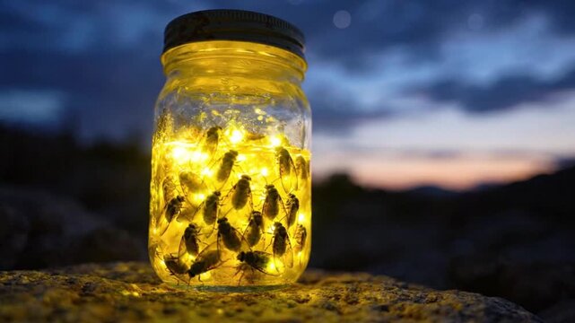 Enchanted summer night scene featuring a glass mason jar filled with numerous luminous fireflies, casting a warm glow on a textured stone under a fading sky