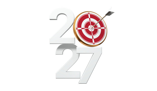 2027 New Year goals and business strategy target concept with white 3D numbers and bullseye arrow on transparent background