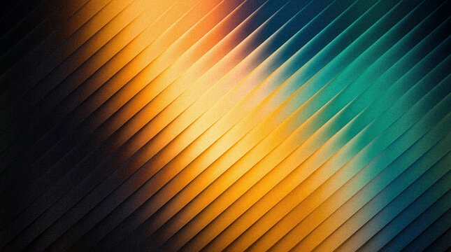 Grainy ribbed abstract background with diagonal stripes, vibrant color gradient from warm orange to cool bluegreen, and textured surface