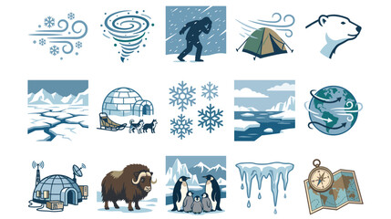 Arctic polar expedition vector icon set with landscape and wildlife. © abedin