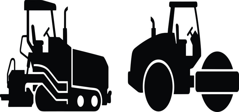 Black silhouette icons of a road paver and a heavy duty construction soil compactor roller