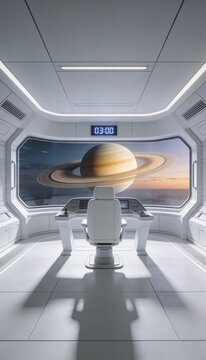 Futuristic spaceship cockpit overlooking Saturn planet through a large observation window