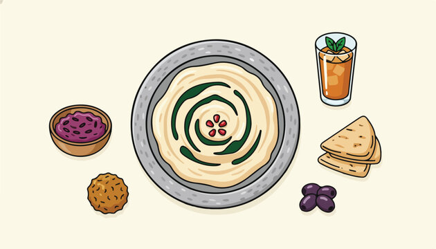 Hand drawn illustration of a delicious Mediterranean hummus platter set.