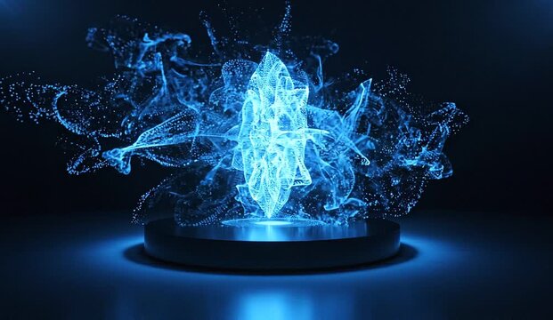 Futuristic holographic technology platform projecting abstract blue volumetric light