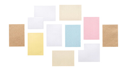 Fototapeta premium Grid arrangement of various blank rectangular paper notes in different colors and textures.